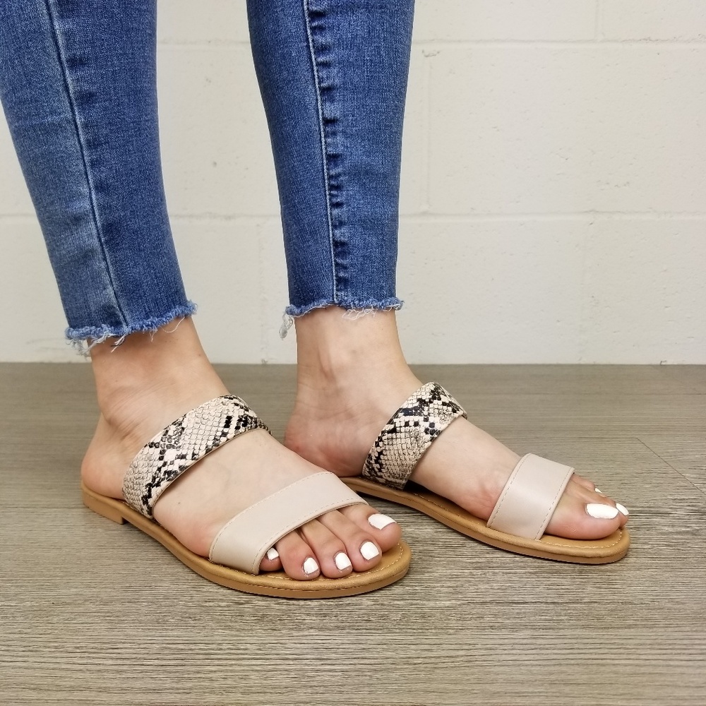 Nude Python Snake Print two Strap Flat Sandal - Picture 3 of 8